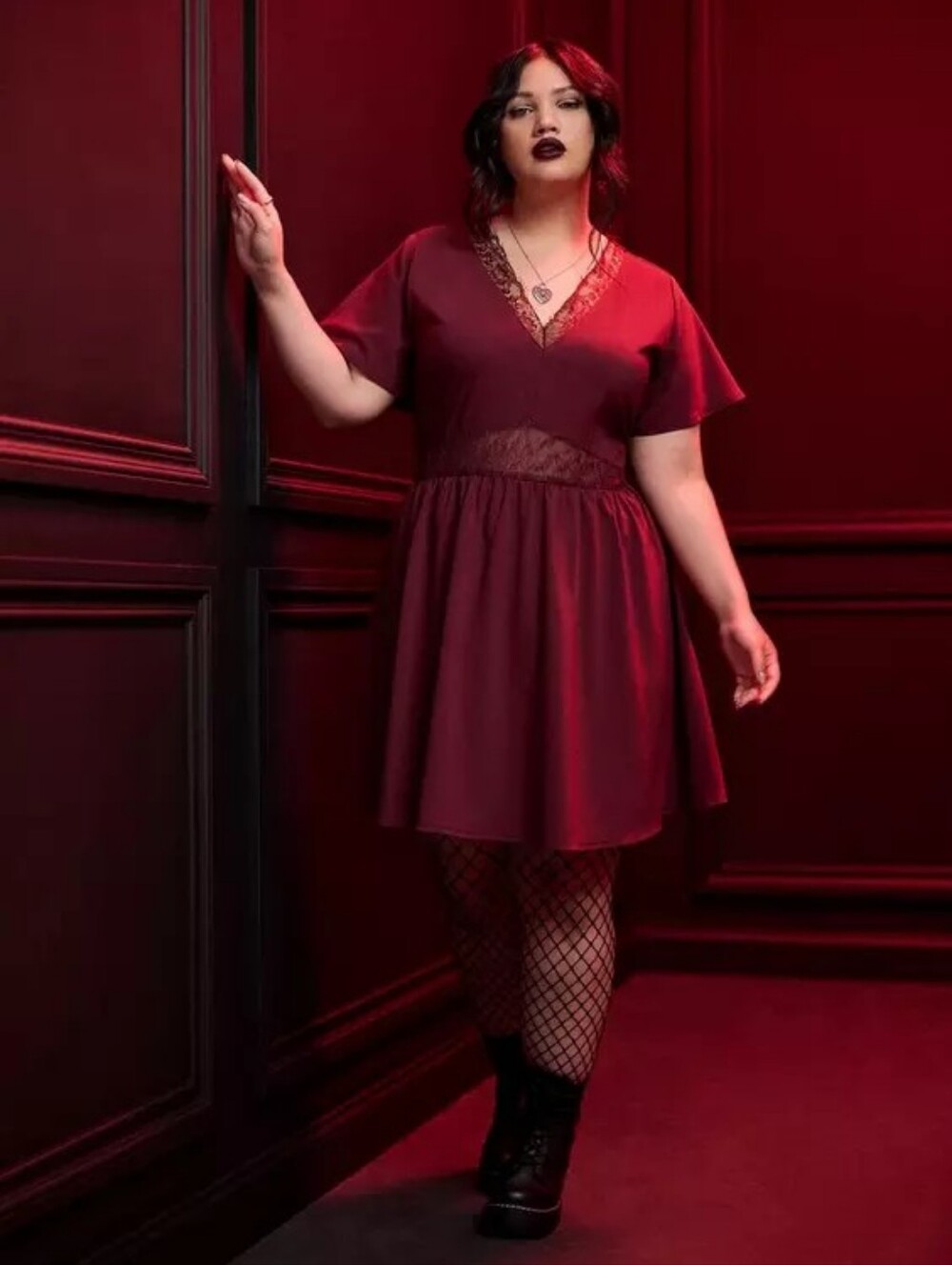 NWT - Nightfall Babydoll Wine Lace-Trim V-Neck Mini Dress